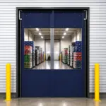 PE PVC swinging door installed at a beverage distribution center entrance for high-traffic access control.