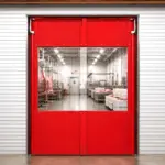 PE PVC swinging door installed at the entrance of a meat processing facility.