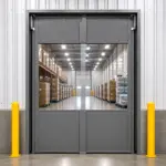 PE PVC swinging door installed in a warehouse doorway, providing a flexible traffic passage for industrial use.