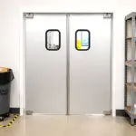 Aluminum swinging door for restaurant or commercial kitchen pass-through use, shown in an interior setting.