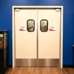 A custom HPL traffic door installed in a restaurant setting, designed for high-frequency pedestrian use.