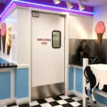 Heavy duty HPL swinging door suitable for high-traffic restaurant and commercial kitchen entryways.