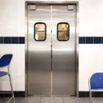 A heavy duty stainless steel swinging door suitable for industrial or commercial facility entrances and high-traffic passageways.