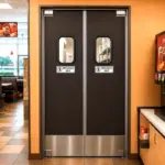 HPL swinging traffic door installed in a restaurant kitchen or service corridor for high-frequency two-way passage.