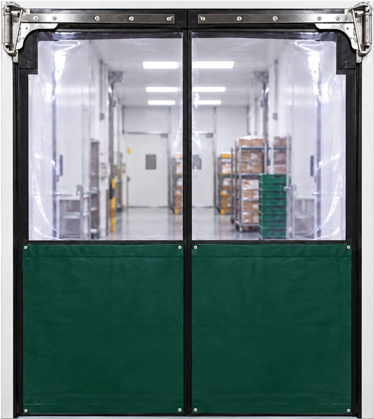 A polycarbonate swinging door panel suitable for industrial and commercial doorway applications.