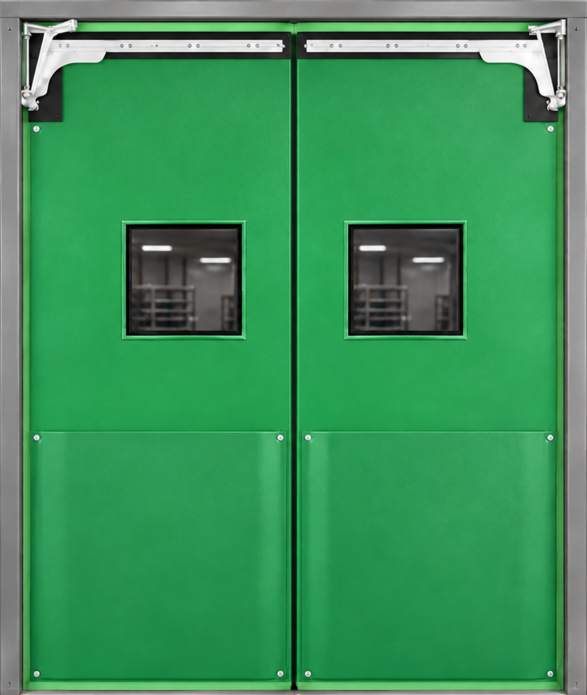 A polycarbonate swinging door panel suitable for industrial and commercial doorway applications.