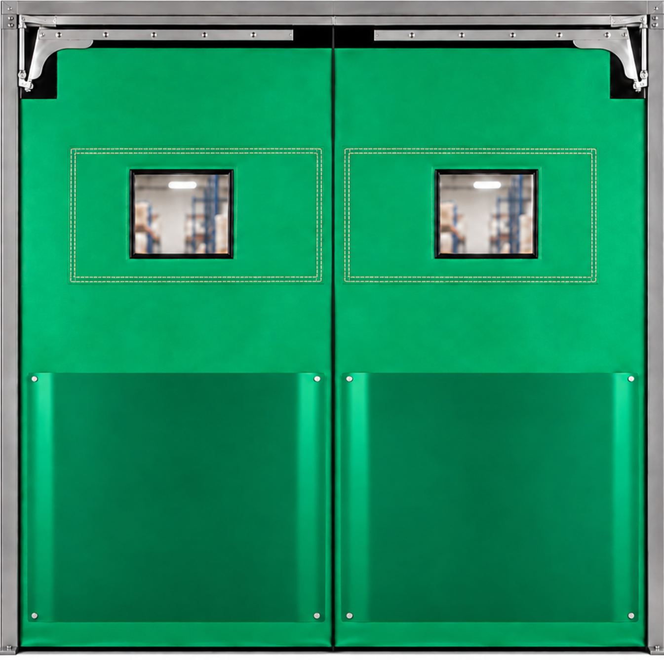 A polyethylene swinging door panel suitable for industrial and commercial doorway applications.