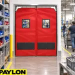 Clear PVC swinging doors installed in a commercial or industrial doorway, allowing visibility through the panels.