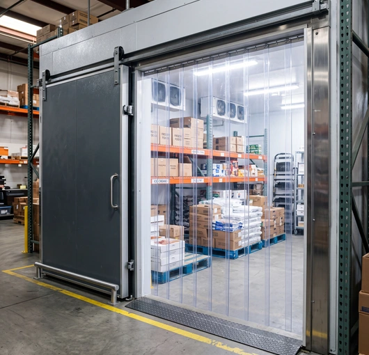 Clear PVC strip door installed at a cooler or freezer entrance in a commercial refrigeration area.