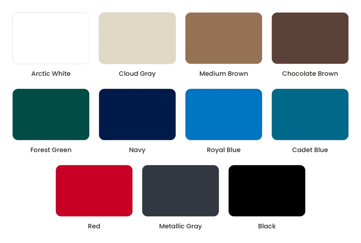 Color options available for the PE insulated impact traffic door panel used in commercial and industrial doorways.