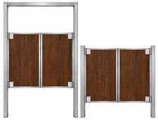 Walnut finish cafe swinging doors shown in full-height and short configurations with steel frames.