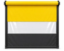 Yellow industrial roll-up door installed at a warehouse or facility entrance, shown in a closed position.