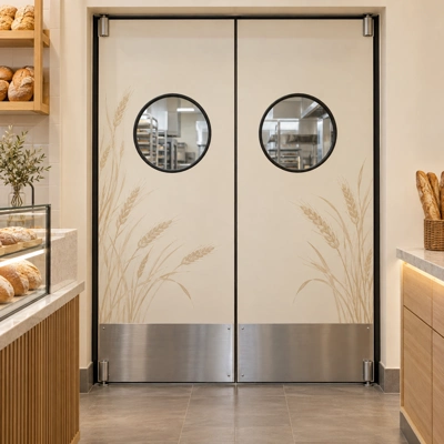 Cream designer swinging door pair with wheat graphics, round windows, and lower steel plates in a bakery setting.