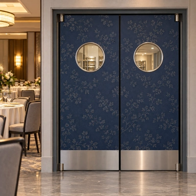 Navy designer swinging door pair with floral graphics and round windows in a banquet hall setting.