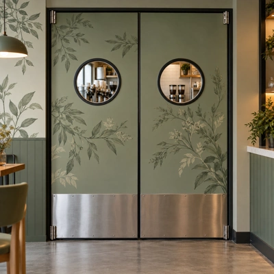 Sage designer swinging door pair with botanical graphics, round windows, and lower steel plates in a cafe setting.