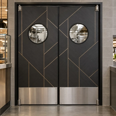Charcoal designer swinging door pair with geometric graphics and round windows at a food court service opening.