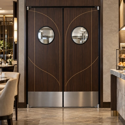 Walnut designer swinging door pair with fine gold graphics and round windows at a hotel service opening.