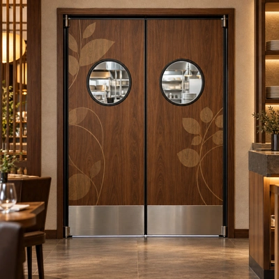 Walnut-look designer swinging door pair with leaf graphics, round windows, and lower steel protection in a restaurant setting.