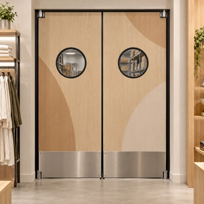 Light oak designer swinging door pair with abstract graphics and round windows at a retail stockroom opening.