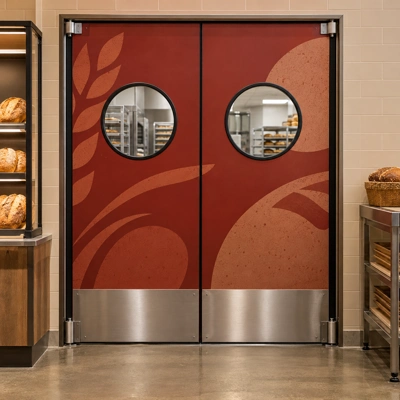 Red designer swinging door pair with food-inspired graphics and round windows at a supermarket bakery opening.