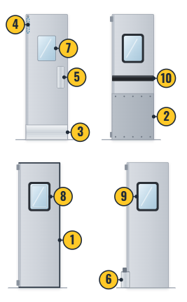 Diagram of four restaurant and retail swinging doors with numbered markers 1 to 10 showing door options such as gasketing, kick plates, windows, jamb guards and bumper strips