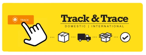 Track and trace order update illustration with a hand pressing a track button beside shipping icons